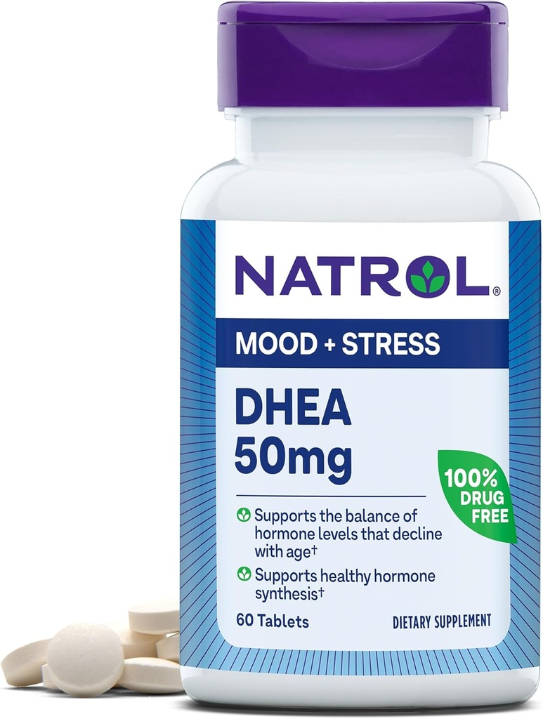 Natrol Mood & Stress DHEA 50 mg met calcium, Dieetsupplement voor de Balance van bepaalde Hormone Level en Mood Support, 60 tabletten, 60 dagen levering