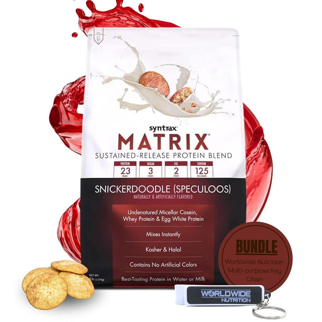 Syntrax bundel: Matrix Proteïne Poeder Sustained-Release Caseïne Proteïne en Wei Proteïne Poeder - Instant Mix Snickerdoodle Proteïne Poeder smaak, 5 pond met Worldwide Nutrition Keychain