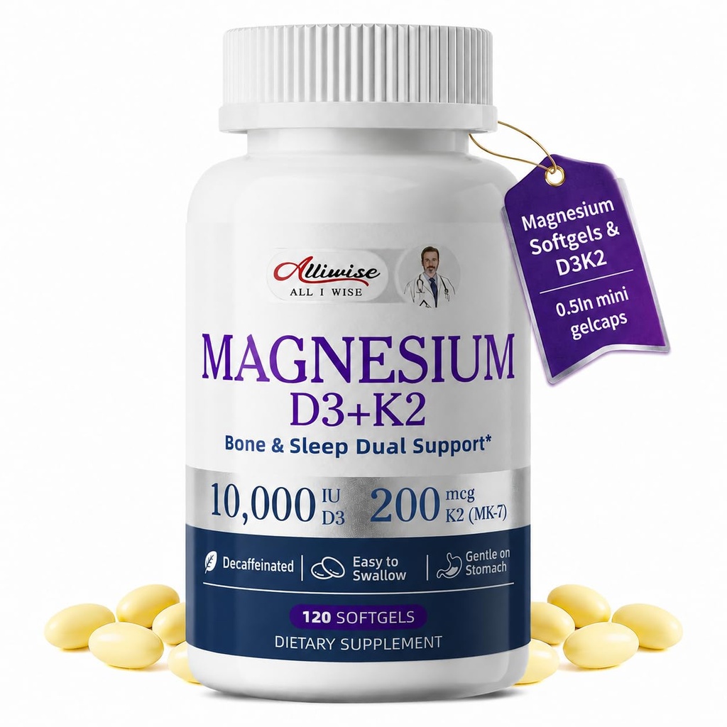 Magnesium Glycinate 400mg Softgels with D3 K2 Vitamin 10000 iu, 120 Gelcaps