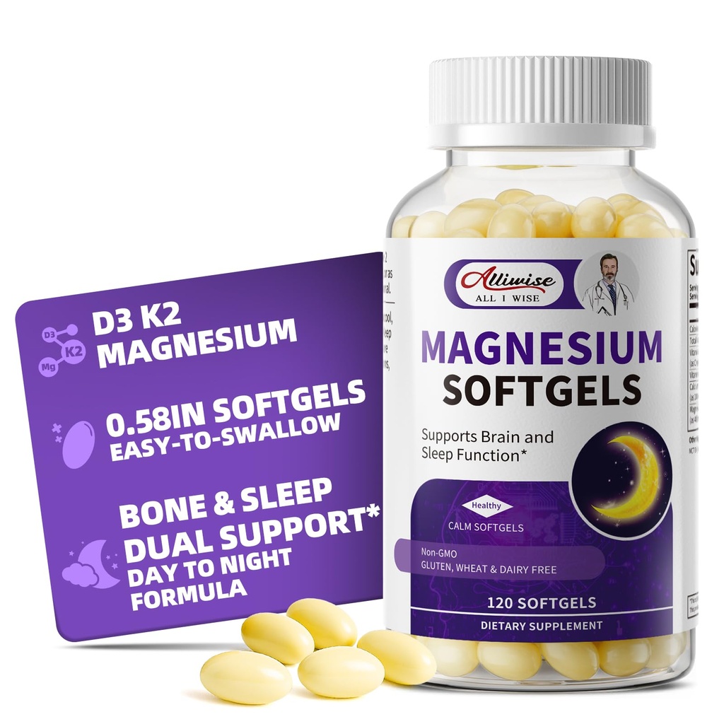 Magnesium Glycinate 400mg Softgels, Small Easy to Swallow High Absorption Magnesium Supplement, with Vitamin D3 & K2 for Sleep Relax Calm Muscle Bone* Health, 120 Gelcaps