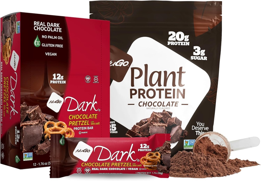 NuGo Dark Chocolate Pretzel w/SS, 12g Vegan Proteine, Glutenvrij, Kosher Pareve, Non-GMO, 12 Tellen en NuGo Plant Proteïne Poeder, Chocolade, 20g Proteïne, 3g Suiker, 25 Servers