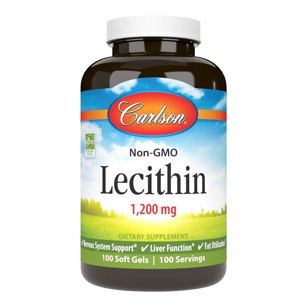 Carlson - Lecithin, Non-GMO, 1200 mg, Zenuwstelsel- en leverfunctie, Unextrudated Soy Lecithin, 100 Softgels