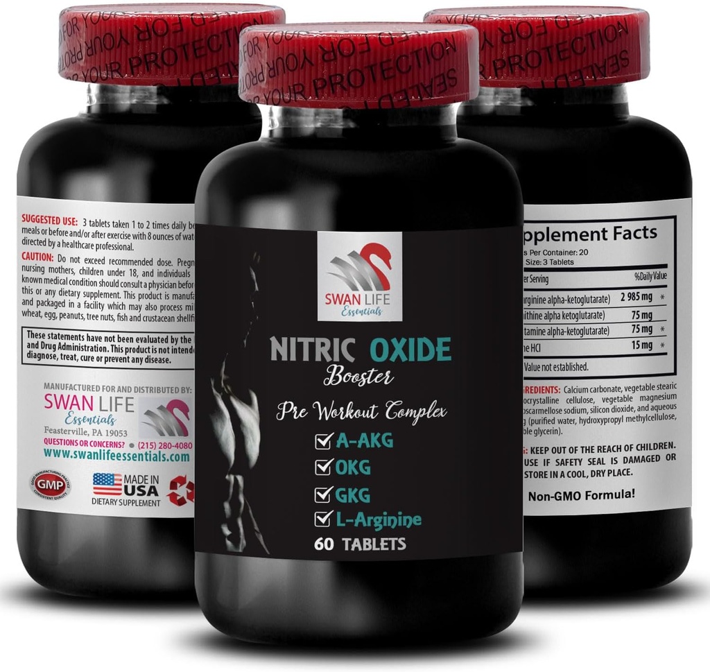 A-AKG - NITRIC OXIDE BOOSTER - stikstofmonoxide supplementen voor mannen, oefening energie, pompkracht, fitness formule, uithoudingsvermogen formule, prestatiefocus, energiemix, power boost 1 Fles 60 Tablets