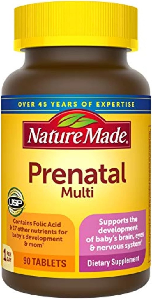 Nature Made Prenatal Multi, 90 Tablets, Folic Acid + 17 Prenatal Vitamins & Minerals to Support Baby Development and Mom, Vitamin D3, Calcium, Iron, Iodine, Vitamin C, and More (Pack of 3)