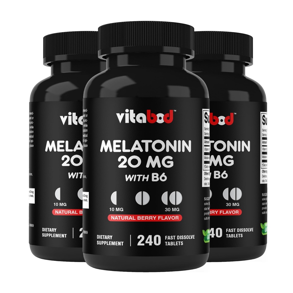 Melatonine 20 mg - 240 Fast Solution Tablets - Drug Free - Natural Berry Flavor - Vegetarian, Non-GMO, Gluten Free 240 Tellen (Pack of 3)