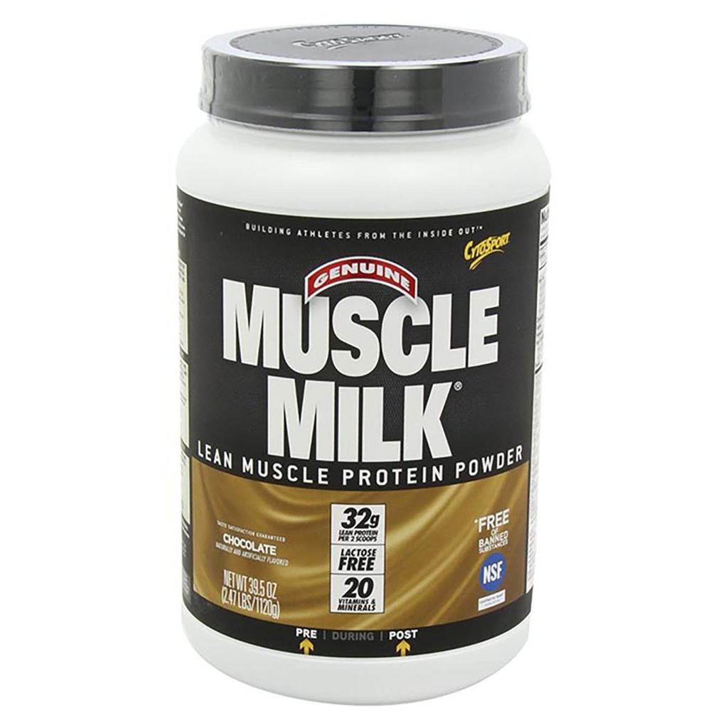 Muscle Milk Originele Proteïne Poeder, Chocolade, 2,47 Pond, 16 Servers, 32g Proteïne, 3g Suiker, Calcium, Vitaminen A, C & D, NSF Gecertificeerd voor Sport, Energizing Snack, Verpakking mei Vary