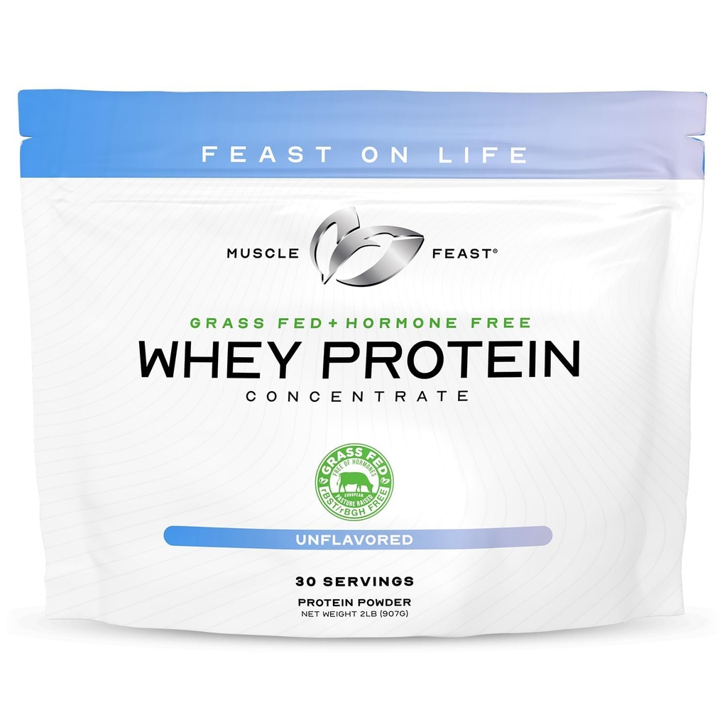 Muscle Feast Grass-Fed Wei Proteïne Concentraat Powder, Alle Natuurlijke, Hormone Gratis Pasture Verhoogd Wei Proteïne Poeder voor Vrouwen & Mannen, Schoon, Niet-GMO & Gluten Gratis Wei Concentraat - Ongearomatiseerd, 2lb