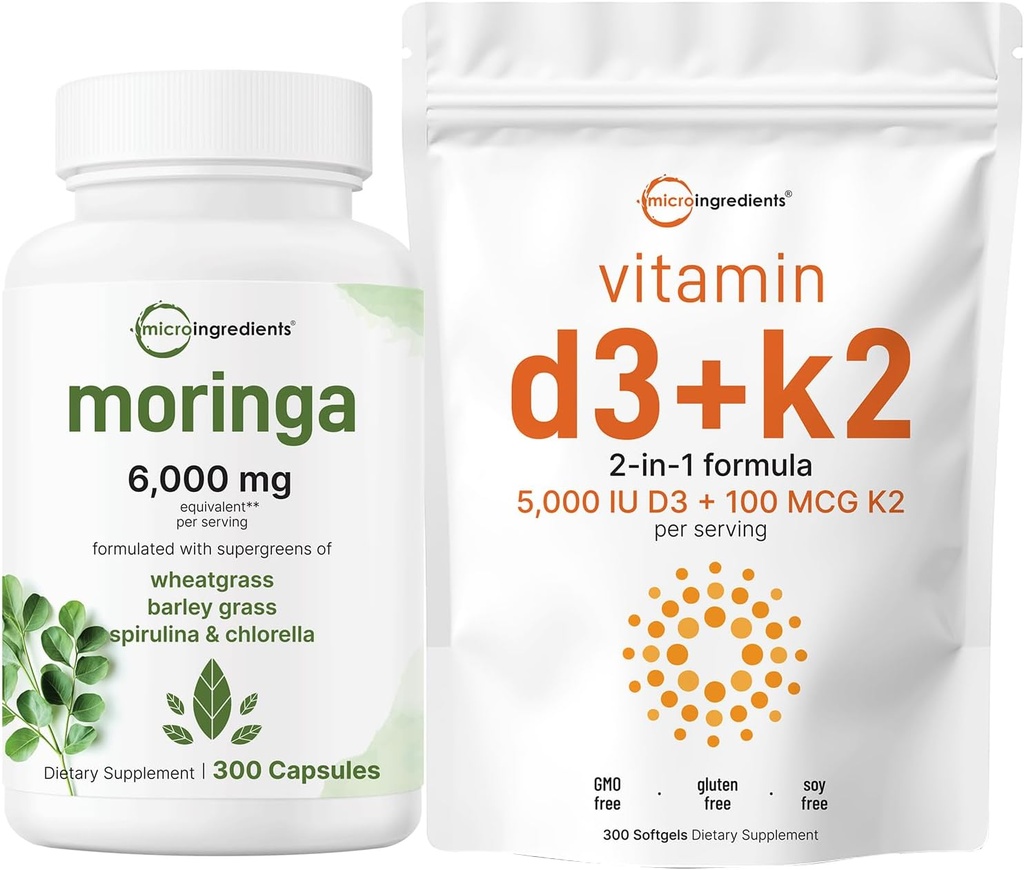 Micro Ingrediënten Vitamine D3 5.000iu + K2 100mcg Softgels & Moringa Oleifera 6.000mg Equivalente 300 Capsules Bundle 2 Pack 
