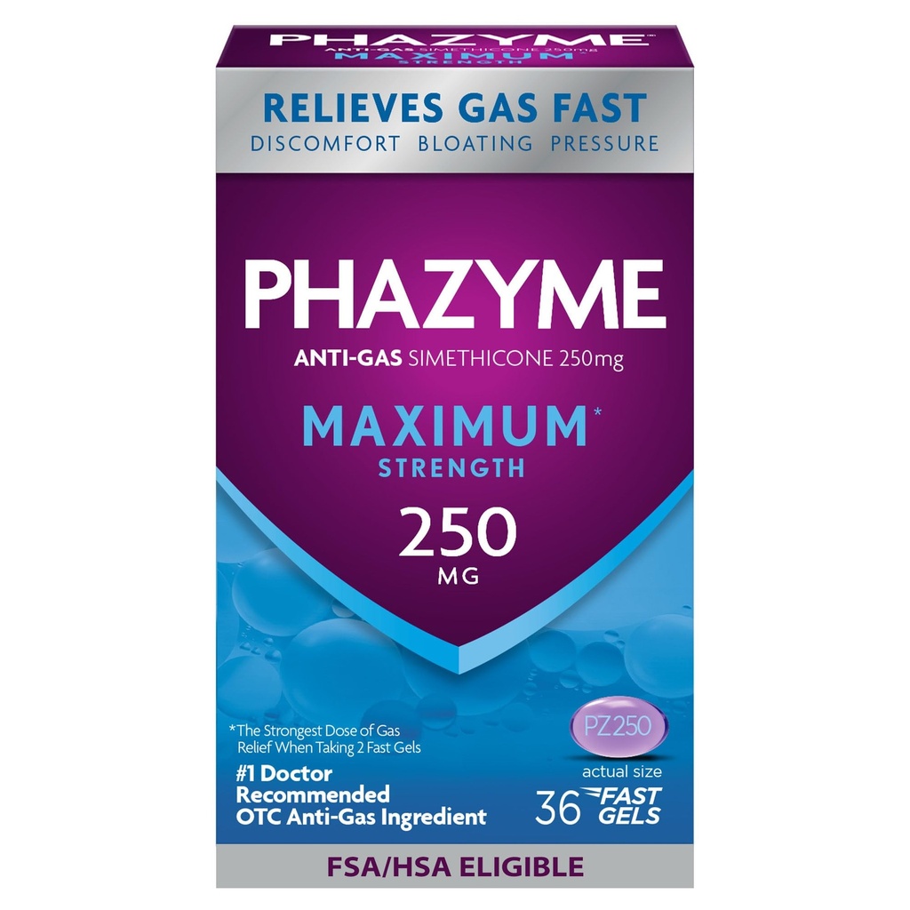Phazyme Maximum* Sterkte Anti-Gas 250 mg Simethicone Gas Relief voor volwassenen, Fast Gels Snel verzachten opgeblazen, druk en ongemak, 36 Tel.