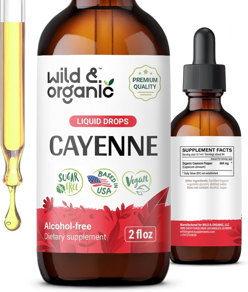 Wild & Organic Cayenne Pepper Tinctuur - Capsaïcin Supplementen voor Digestieve Ondersteuning - Cayenne Pepper Extract Liquid - Vegan, Alcoholvrije Drops - 2 fl oz