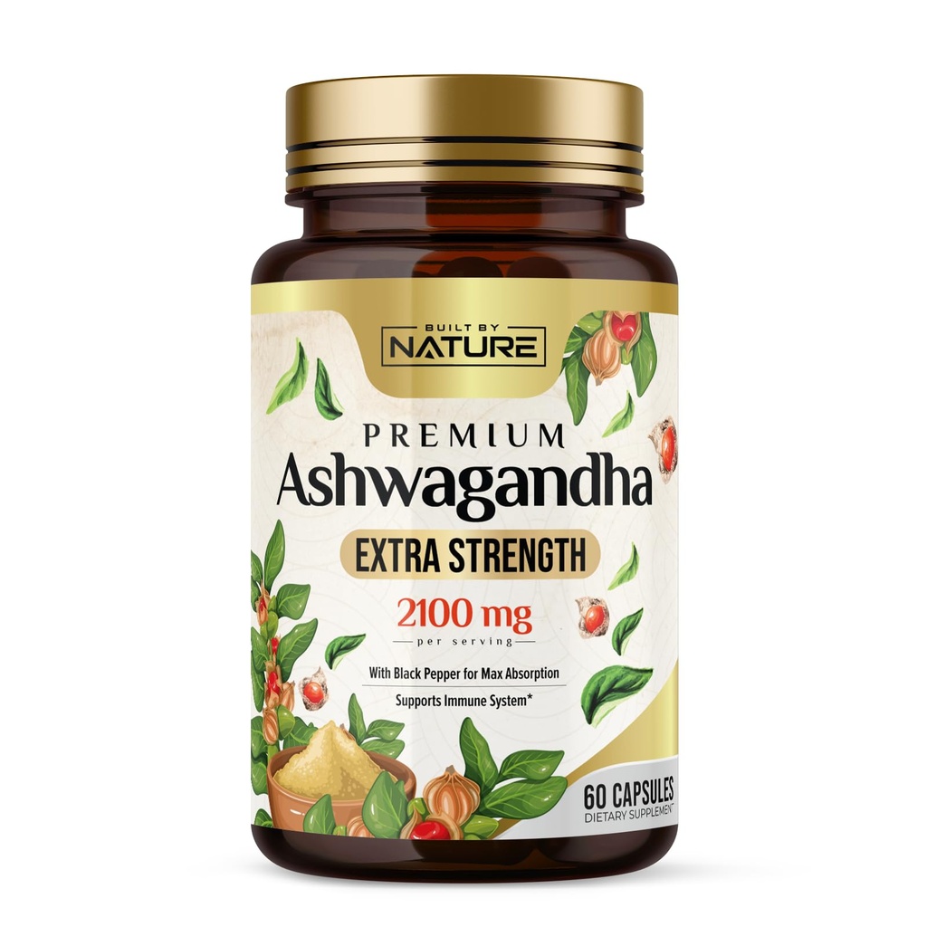 Gebouwd door de natuur Ashwagandha 2100mg Extra sterkte Stress Relief & Mood Support met Black Pepper Extract voor Max Absorptie - Non-GMO, Veganistisch, Glutenvrije - 60 capsules