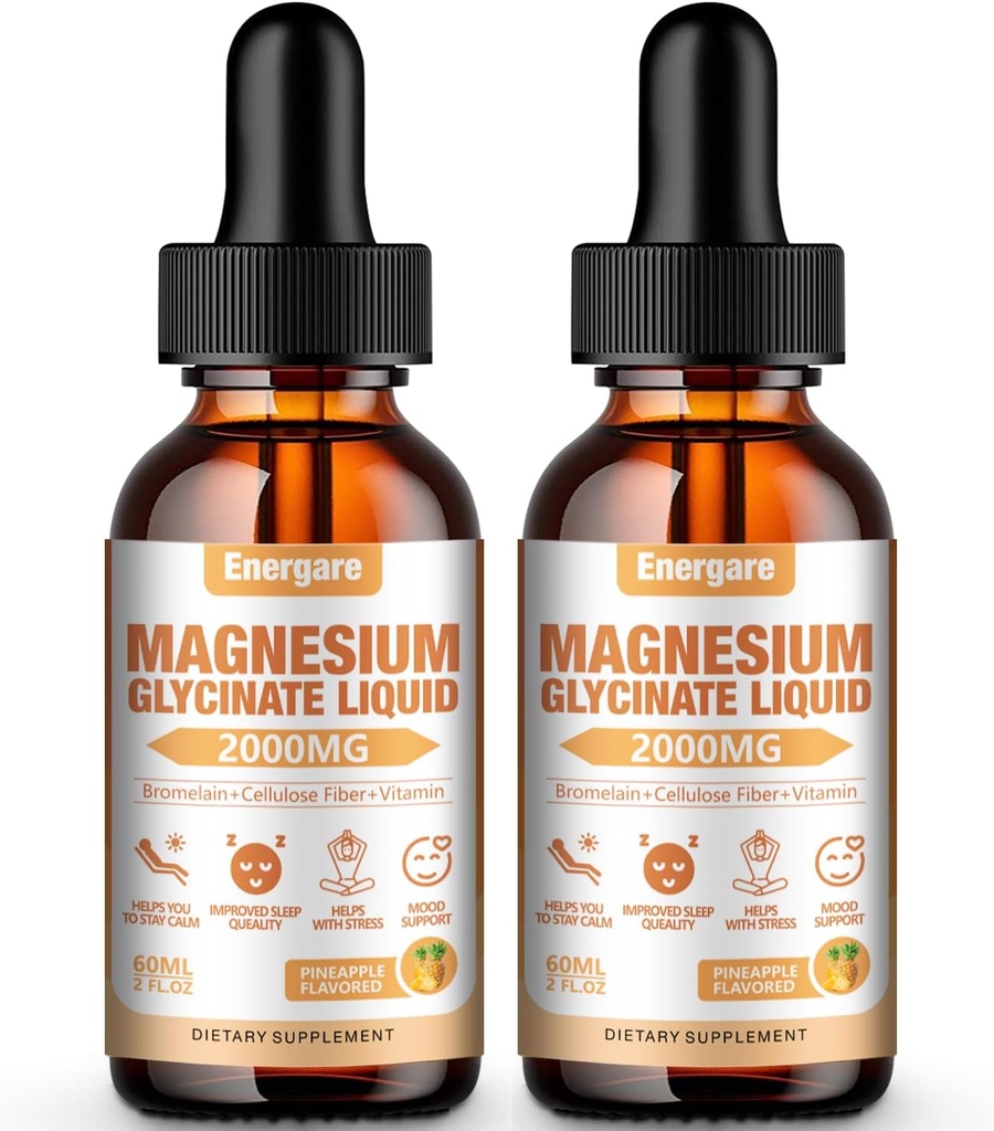 2 Pack 2000MG Magnesium Glycinate Liquid Drops Supplement voor kinderen & volwassenen - Cellulose Fiber, bromelaine, vitamine B6, C, D, Zink - Energie, Slaap, Clam, Ananas smaak, 4 Fl oz