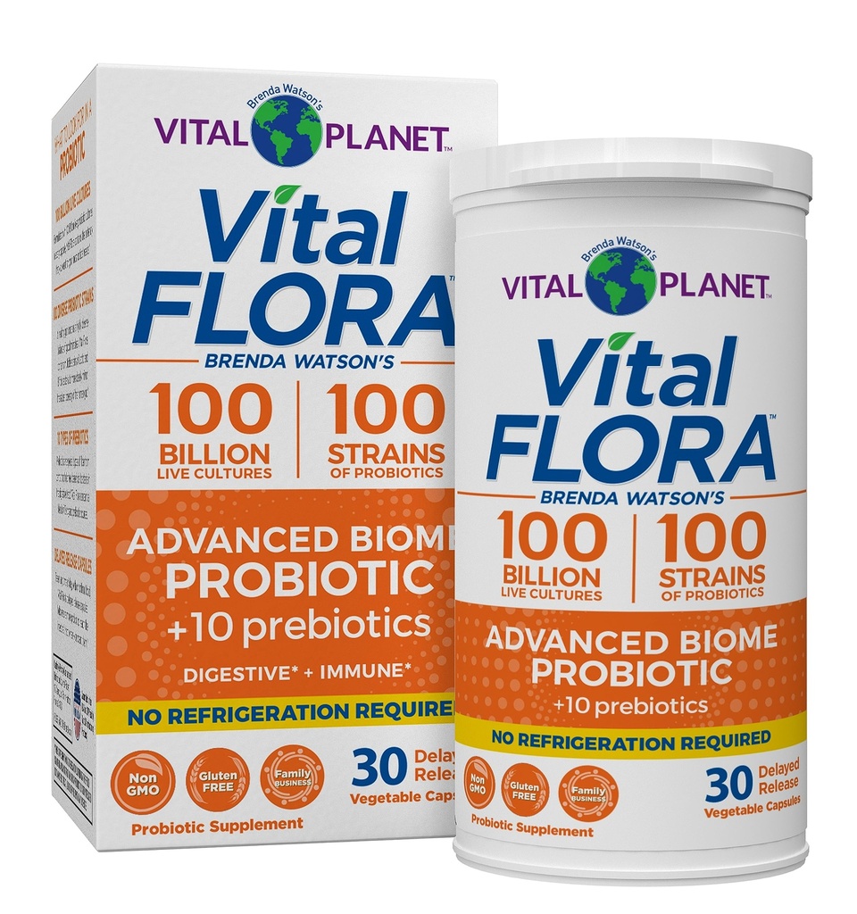 Vital Planet - Vital Flora Advanced Probiotic 100 Miljard CFU, 100 Diverse Strains, 10 Biologische Prebiotica, Immune Support, Digestieve Gezondheid Plank Stabiele Probiotica voor vrouwen en mannen 30 Capsules