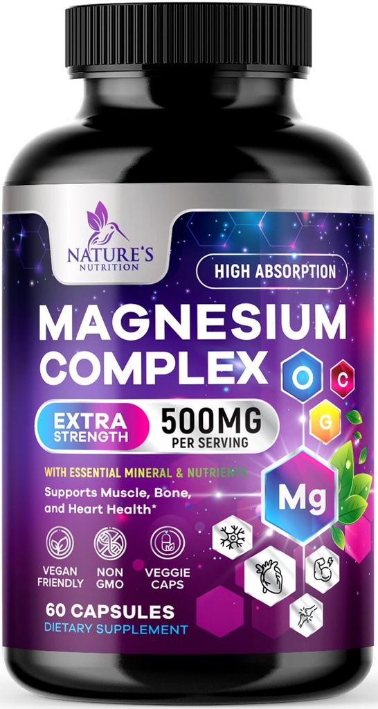 Magnesium Complex Supplement 500 mg - 5 in 1 Hoge Absorptie Gecheld Magnesium Glycinate, Malate, Citraat, Oxide, Aquamin - Non-GMO Magnesio Capsules, Botspier & Heart Health Ondersteuning, 60 Capsules
