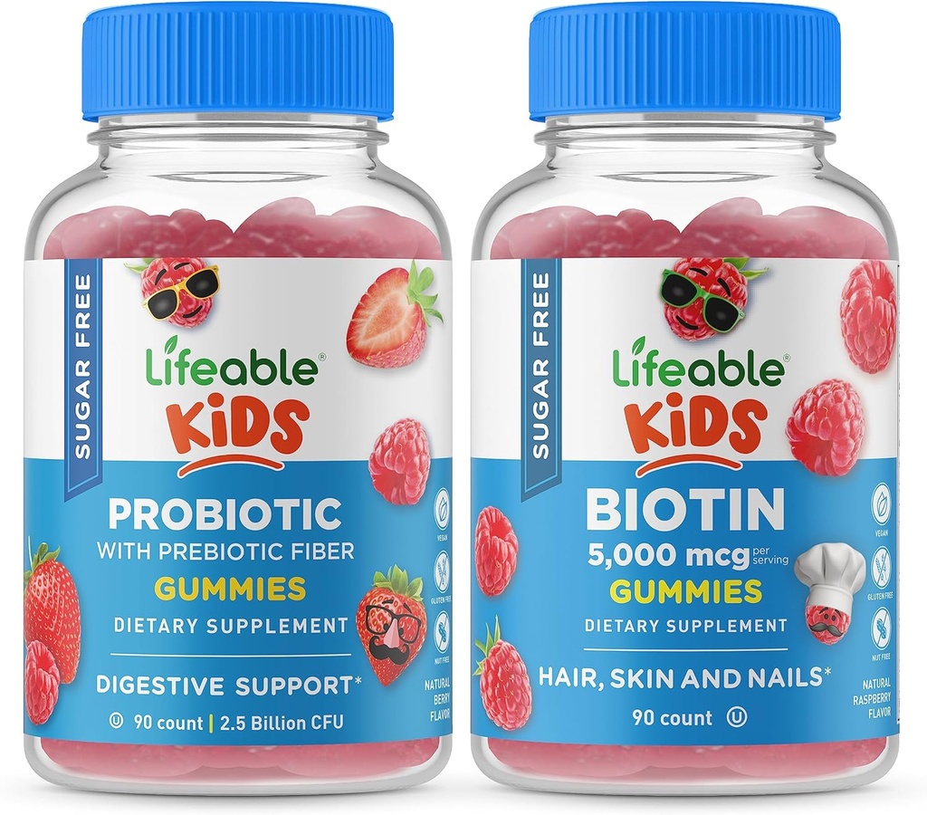 Lifeable Sugar Free Probiotic + Prebiotic Fiber Kids + Biotin Kids, Gummies Bundle - Great Tasting, Vitamin Supplement, Gluten Free, GMO Free, Chewable Gummy
