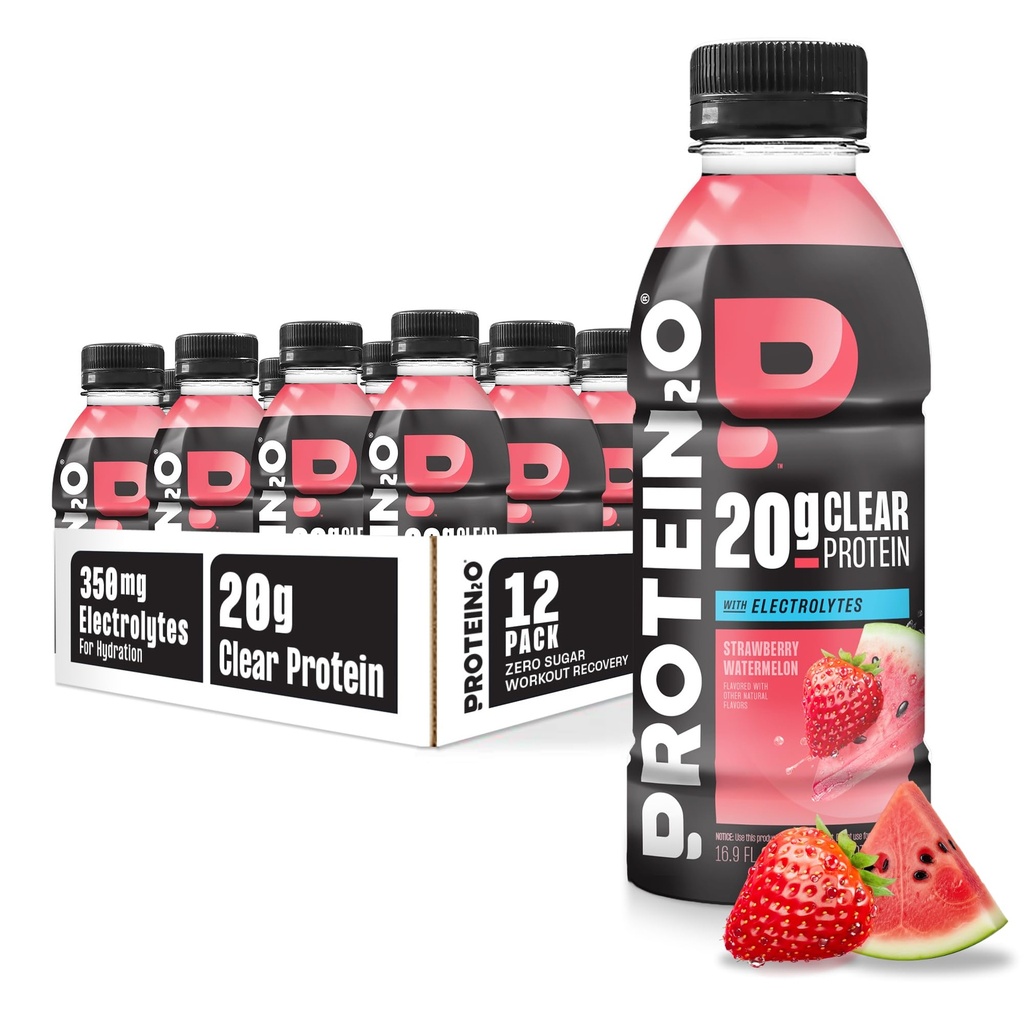 Proteïne2o Hydration Drink - 2-in-1 Liquid Clear Whey Protein Isolaat en Electrolyte Drink - 20g Proteïne, Vitaminen B5, B6 - Post-workout Herstel - 16,9 Fl Oz - 12 Graaf Aardbei Watermeloen