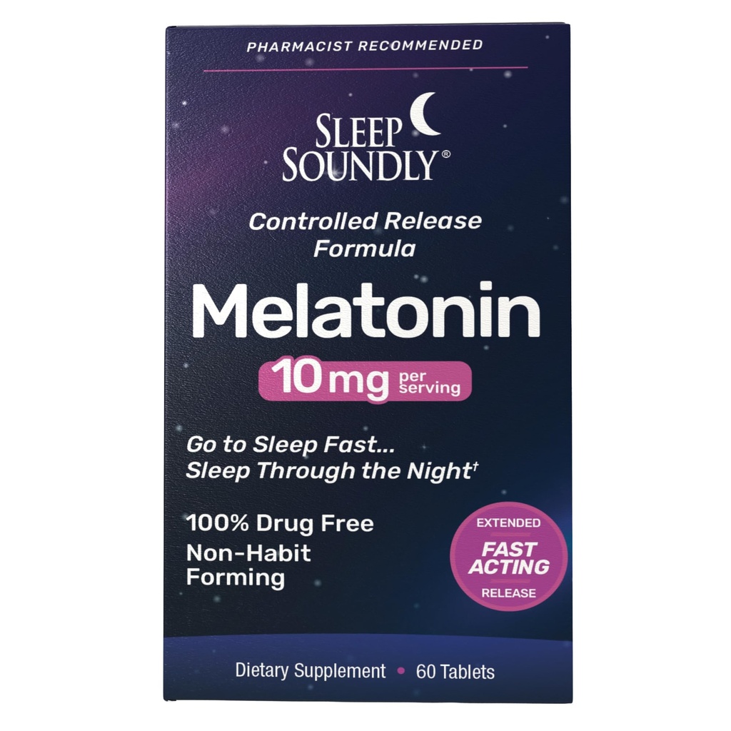 Sleep Soundly Melatonine 10mg, Fast Acting, Extended Release Slaapformule, 60 porties, Blauw