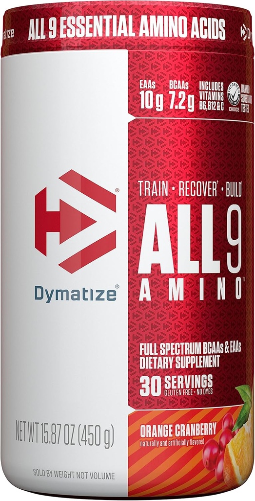 Dymatize All9 Amino, 7.2g van BCAA's, 10g van volledige spectrum essentiële aminozuren per portie voor herstel en optimale spiereiwitsynthese, Orange Cranberry, 30 porties, 15,87 Ounce