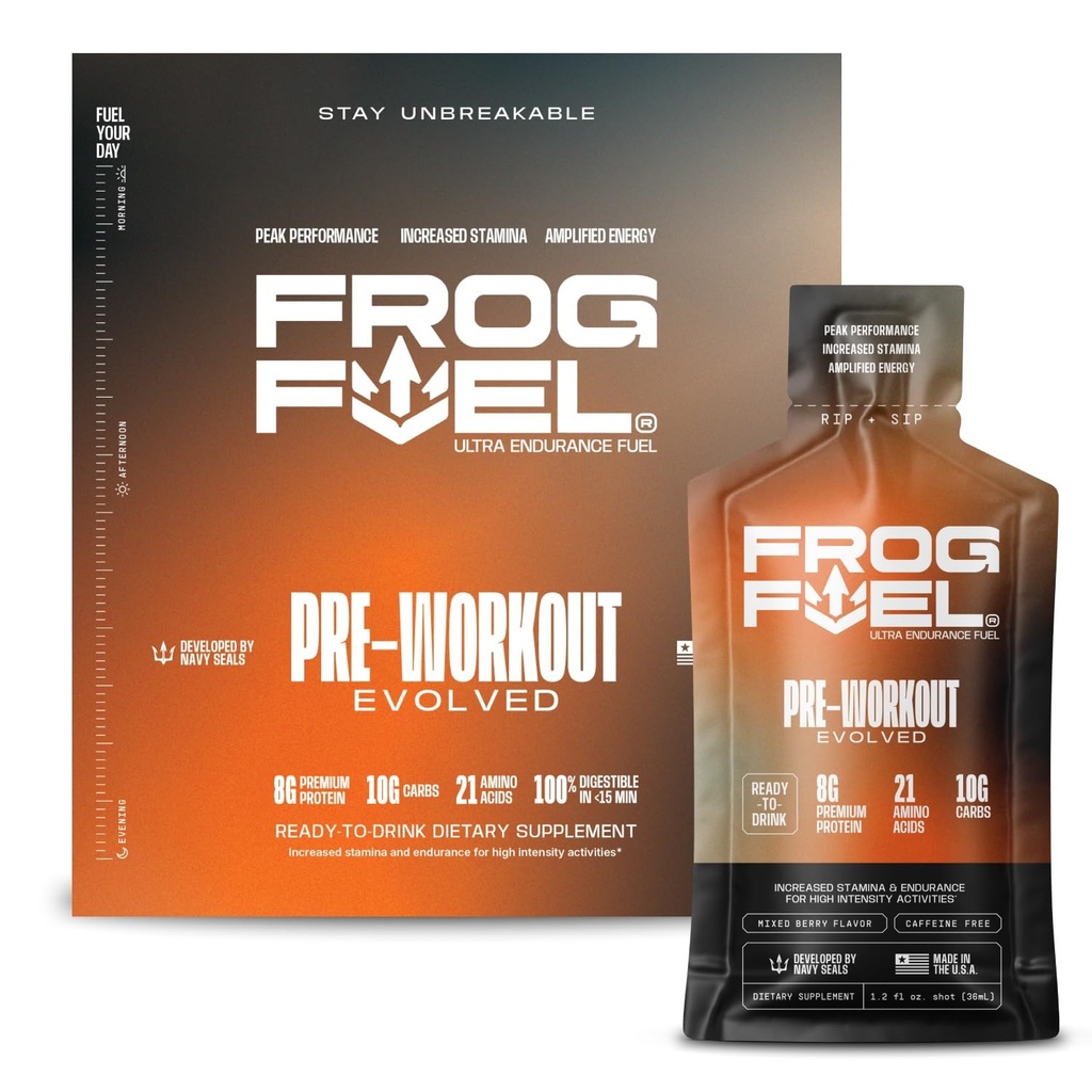 Frog Fuel Ultra Energy Gel & Pre Workout Shot met 1500mg Beta Alanine, Elektrolyten 8g Proteïne Nano-Hydrolyzed Gras Fed Collageen, 10g Carbs, Glutenvrij, Vetvrij, Berry, 1,2 oz Packets, 24 Pack