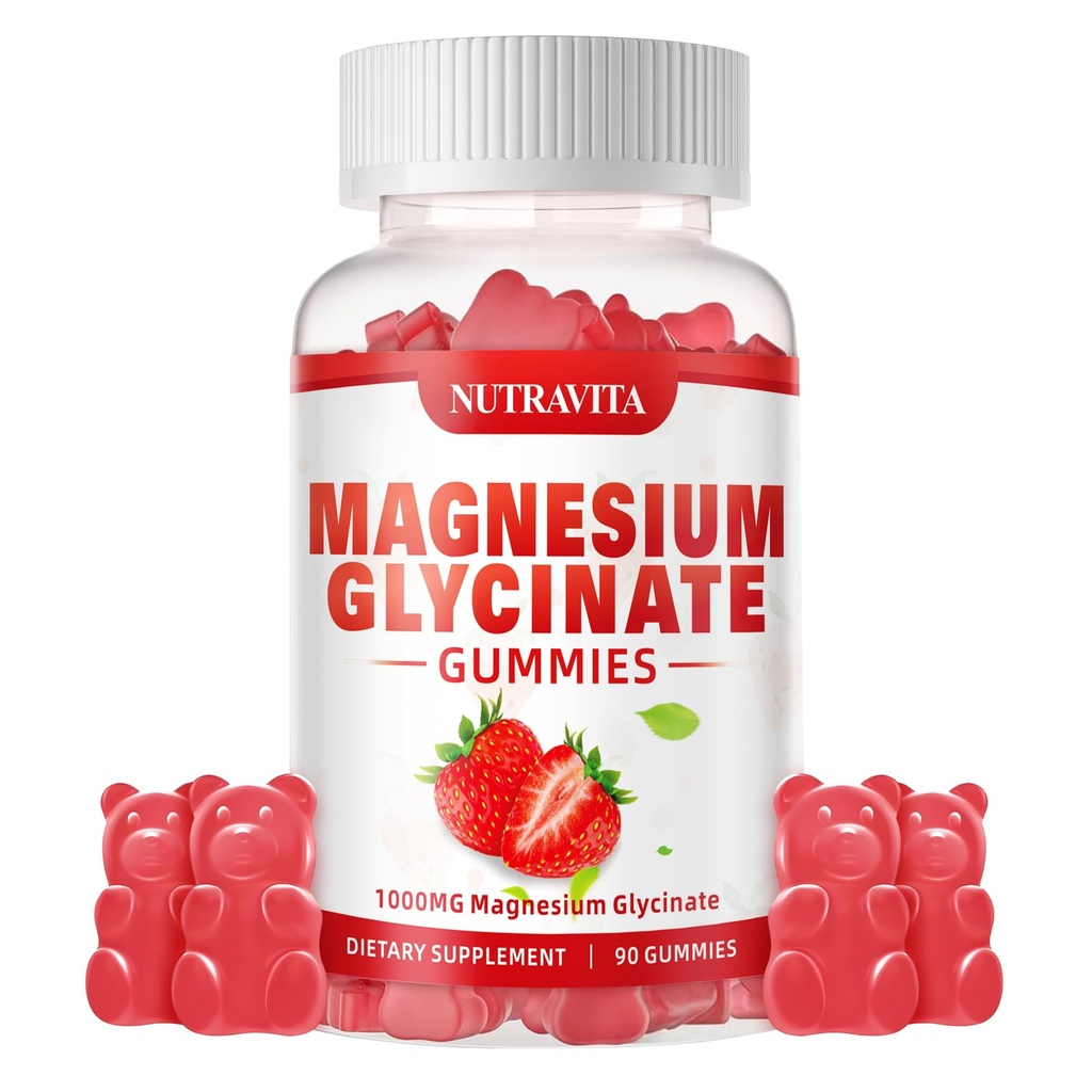 Magnesium Glycinate Gummies 1000mg with Magnesium L-Threonate,Chelated Magnesium Potassium Complex Supplement with VitD, B6, CoQ10, Calcium,Supports for Memory, Calm, Mood - 90 Gummies Strawberry