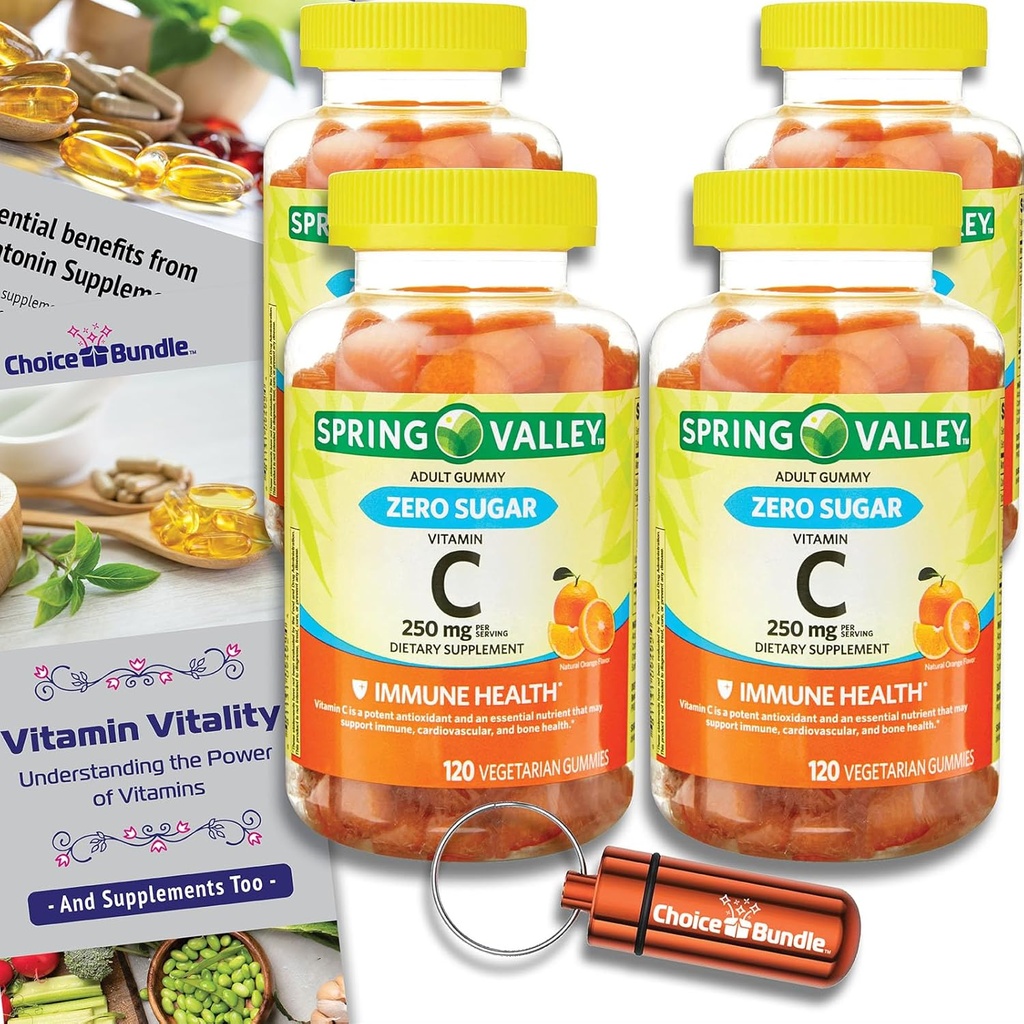 Choice Bundle Spring Valley Zero Sugar Vitamin C Gummies Dieetsupplement 250 mg 120 Ct 4 pk (480 Totaal) + Vitamine Guide & Pill Container (6 items)!