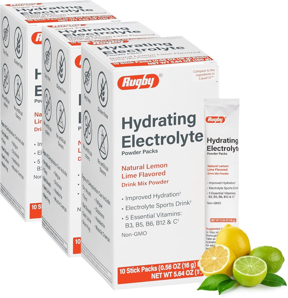 Rugby Hydrating Electrolyte Powder Packs - Drink Mix Powder Packets met 5 vitamines - Verbeterde hydratatie - Natuurlijke Citroen-Lime smaak - 10 Stick Packs - 0,56 Oz Elke (3 Pack)
