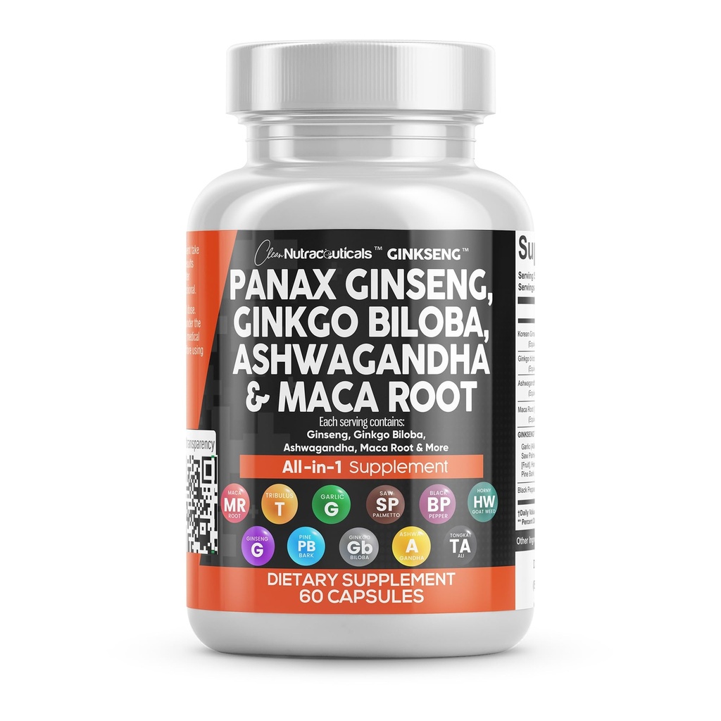 Schone Nutraceuticals Panax Ginseng Ginkgo Biloba Ashwagandha Maca Root - Focus Supplement Pillen voor vrouwen en mannen met dennenschors Extract, Knoflook, en Saw Palmetto - 60 Caps