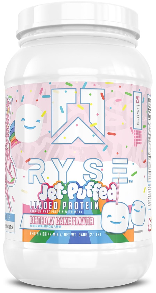 RYSE geladen eiwitpoeder - Jet-puffed verjaardagscake - 25 g Wei eiwit isolaat & concentreren met prebiotische vezels & MCT's - lage koolstof, lage suiker, digestief-vriendly - 27 porties / 2 lb tub