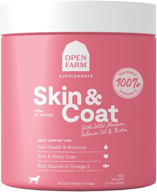Open Farm Skin & Coat Kauwen, Hondensupplement, Honden Vitaminen, Ondersteunt een zachte en glanzende jas met behulp van Traceable en Vet-Approved Ingredients, 12,7 oz, 90 Tellen