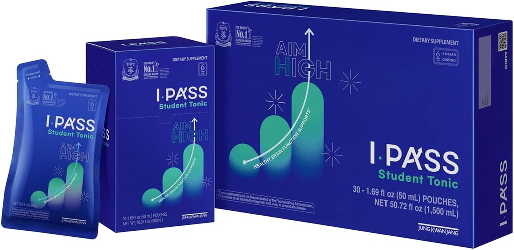 JungKwanJang iPass Student Tonic - Adaptogen Energy Drink Supplement met Korean Red Ginseng, Jujube, Astragalus & Angelica - Dagelijkse ondersteuning voor school en activiteiten (30 zakjes, 1,69 fl oz)