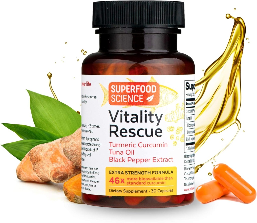 Vitality Rescue, Fish Oil DHA EPA Omega 3 en Turmeric Supplement w/Bioperine, CurcuWin 46X Superior Absorptie Curcumin om ondersteuning Workout Herstel, Gezamenlijke, Spier, Cardio & Brain Health, 30 Capsules