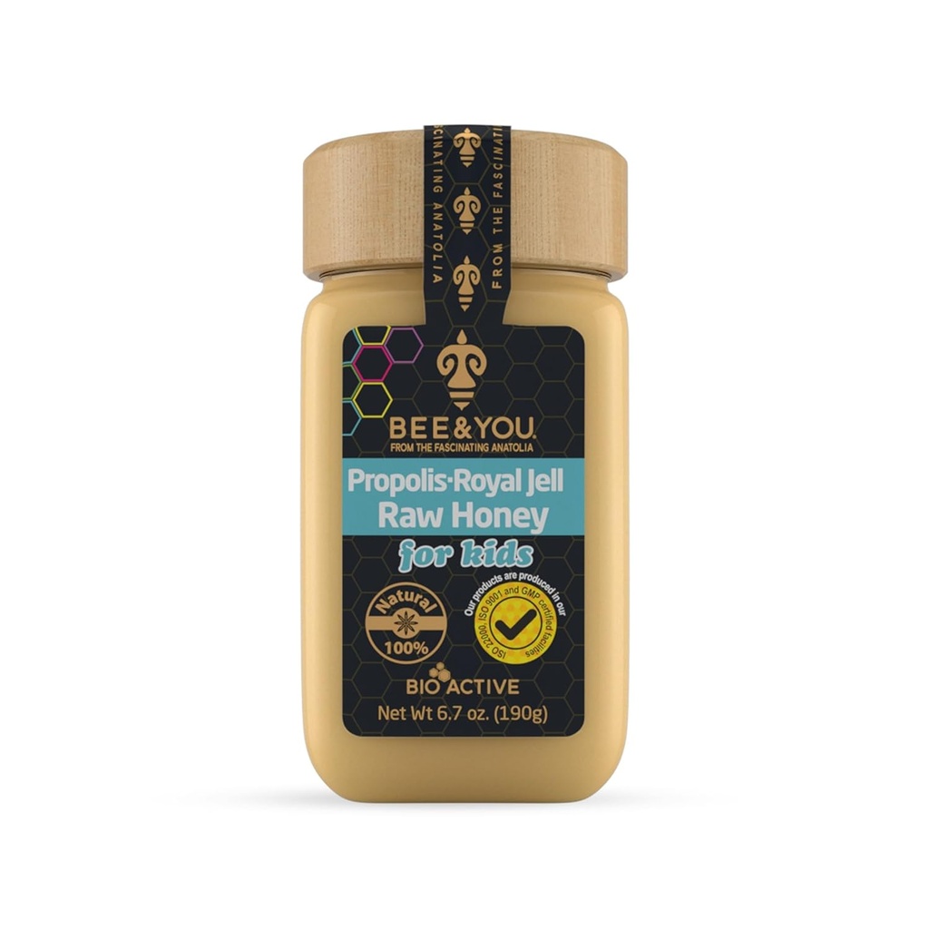 Bijen en u Royal Jelly ruwe honing voor kinderen, Propolis Extract, 100% natuurlijke Superfood, Ultra Pure, Immuun Ondersteuning Supplement, Antioxidanten, Keto, Paleo, Glutenvrije, 6.7 oz