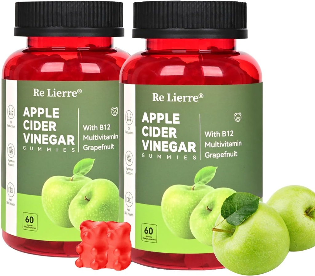 MONTUE Apple Cider Vinegar Gummies B12 Multivitamine,ACV supplement Gummy Vitaminen,Niet GGO, Vegetarisch Supplement voor vrouwen en mannen,Ondersteuning Normale Energieniveaus & Gut Health Gummies (60Gummies+60Gummies)