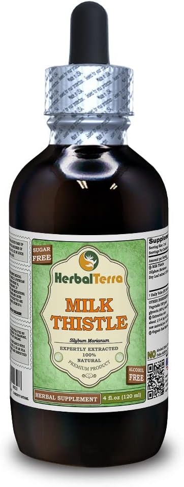 Melkdistel (Silybum Marianum) Glyceriet, biologisch gedroogde bladeren Alcoholvrije vloeibare extract (Grote naam: HerbalTerra, Trots gemaakt in USA) 4 fl.oz (120 ml)