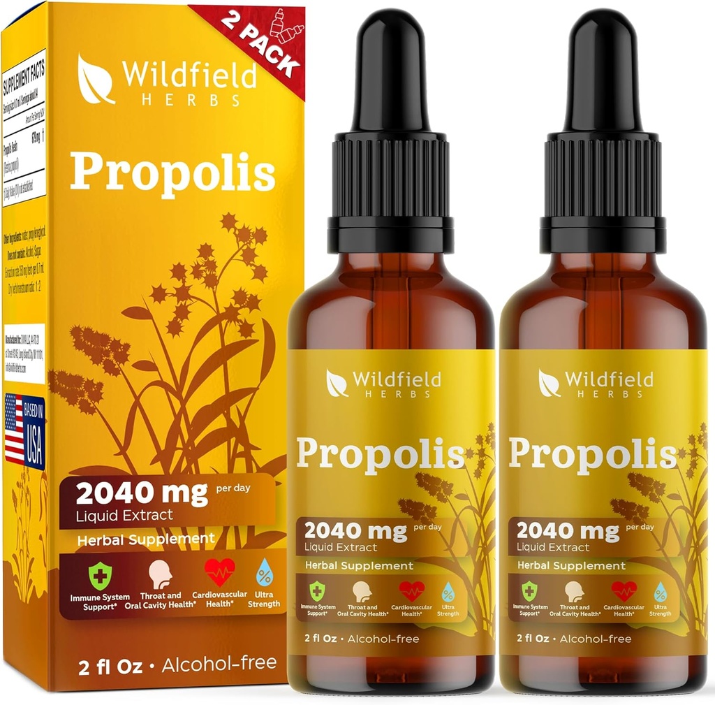 4 oz Propolis Extract Drops - Propolis Tincture 2040mg Liquid Herbal Supplement Absorbs Better Than Capsules, 2 Month Supply, 84 Servings, Alcohol-Free Tincture - 2 Oz, Pack of 2