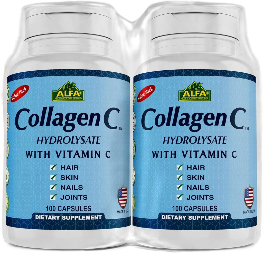 CollageenC Hydrolysaat door Alfa Vitaminen - Bevat biotine en vitamine C - 100 capsules Elke - 2 verpakkingen