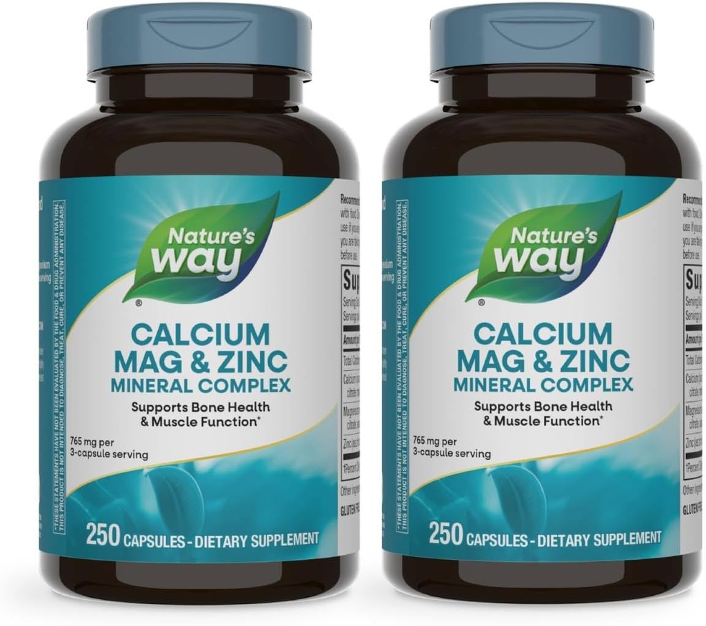 Nature's Way Calcium Magnesium & Zink Mineral Complex, ondersteunt Bone Health & Muscle Function*, Immune Support*, 250 Capsules (Verpakking mei Vary) - 2 Pack