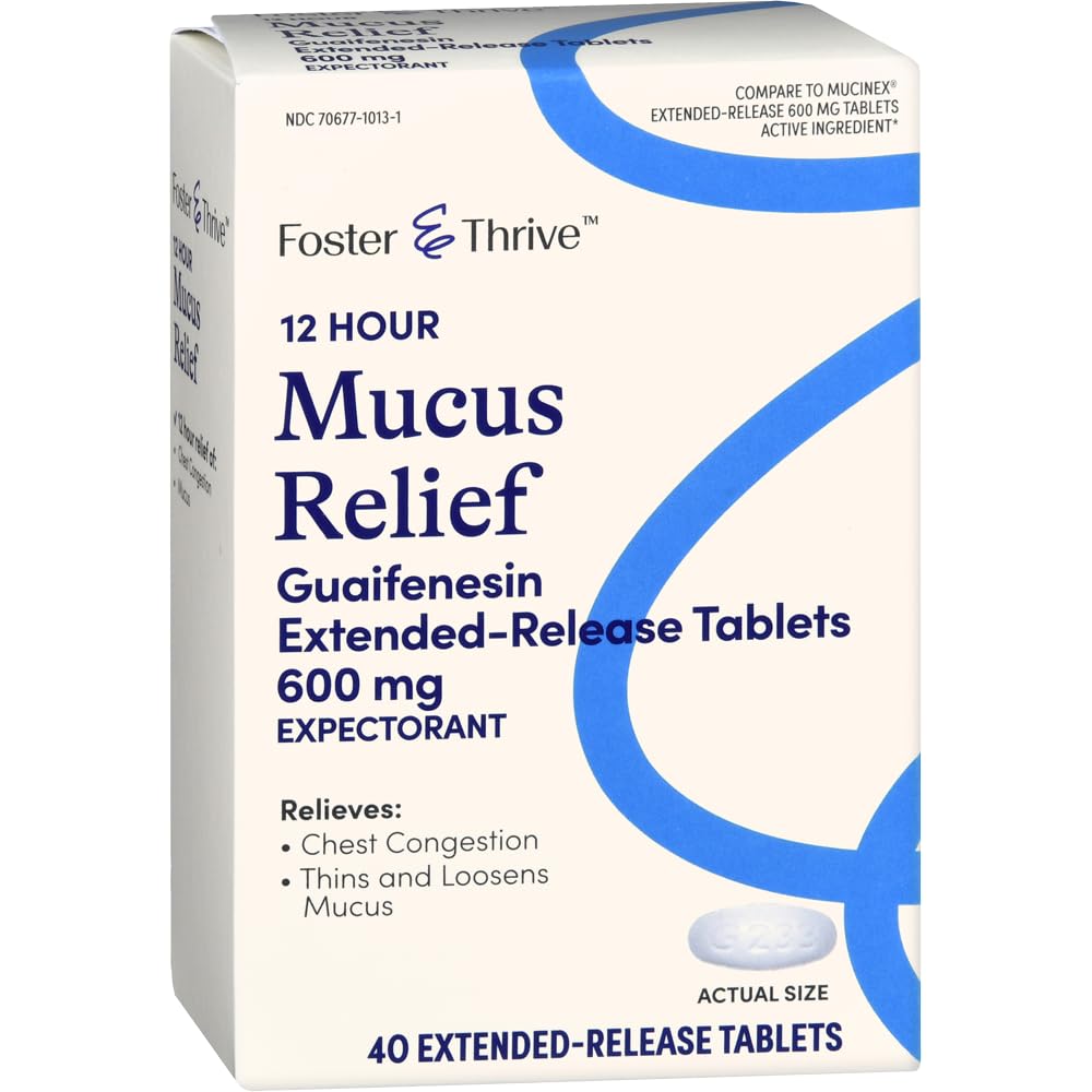 Foster & Thrive Borstcongestie Slijm Extended Release, 600 mg Guaifenesin Relives Borstcongestie Veroorzaakt door overtollig slijm, (Vergelijk met Mucinex 12 uur Extended Release), 40 tabletten