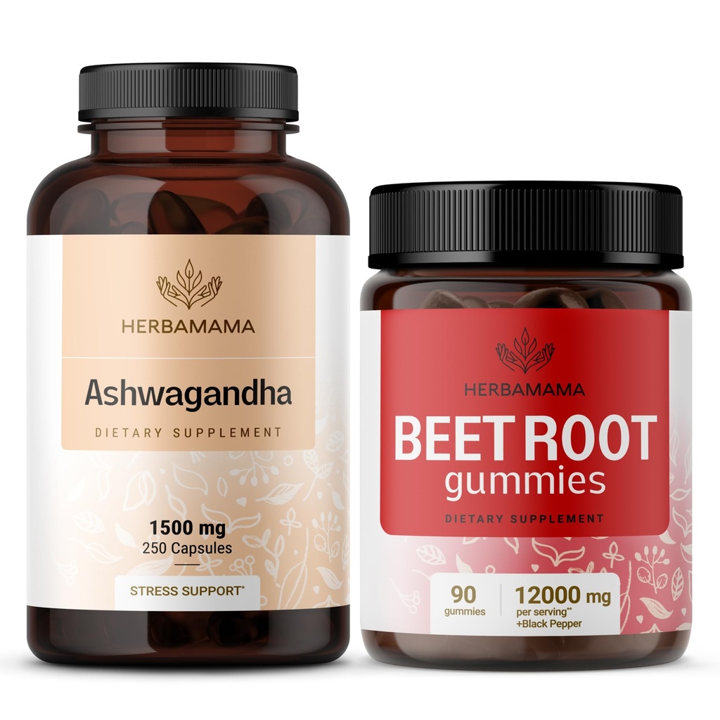 HERBAMAMA Ashwagandha and Beet Root Kit - bundel van 1500 mg Ashwagandha Root Capsules & 1500 mg Beet Root Gummies - Vegan, Non-GMO, Gelatine-Free - 2 Pack
