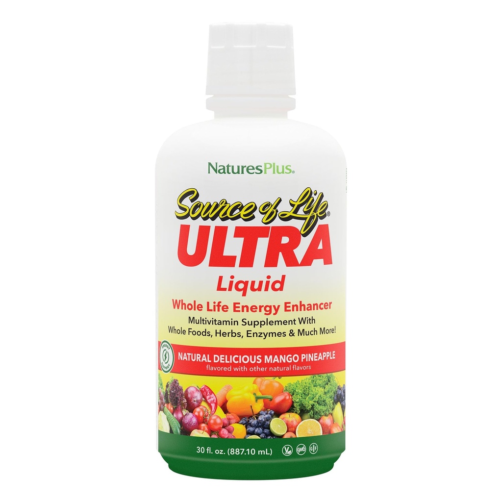 NaturesPlus Ultra Source of Life Liquid - 30 fl oz - Mango Pineapple Flavor - Multivitamin Supplement with Vitamin D3 and Lutein - Vegetarian, Gluten-Free - 30 Servings