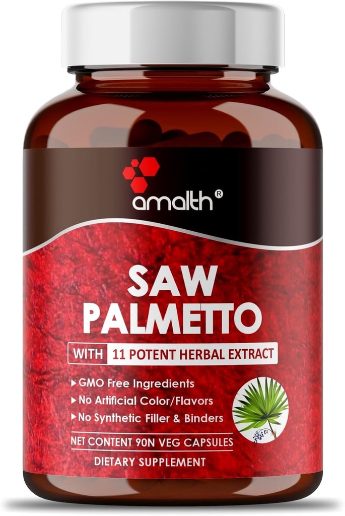 Amalth Premium Saw Palmetto Capsule- Extra sterkte samengesteld met Ashwagandha, Tribulus, Ginger, Maca, Holy Basil en meer natuurlijke Prostaat Ondersteuning, 90 Capsule