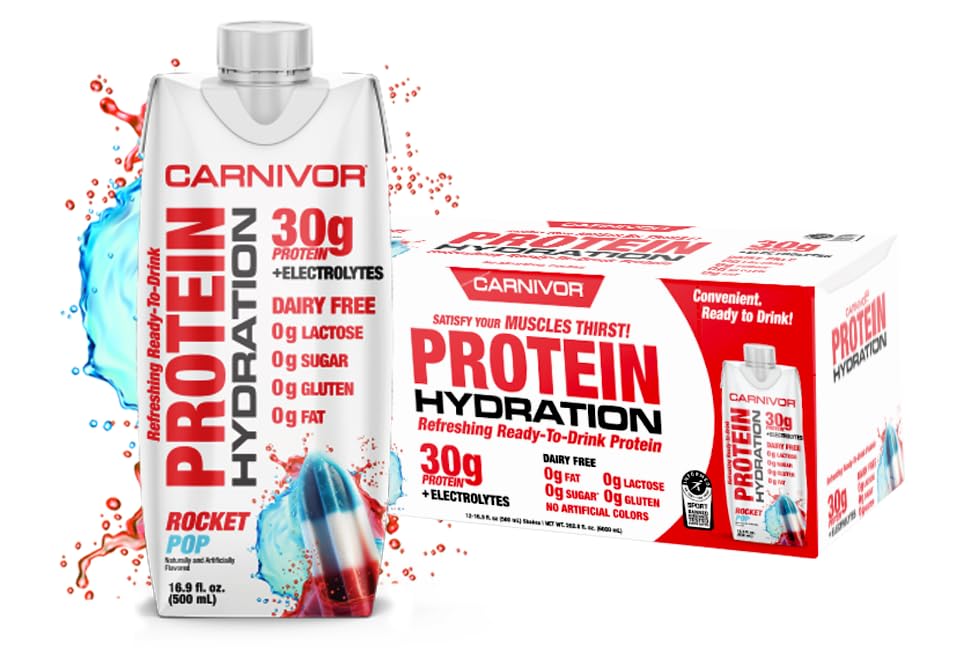 MuscleMeds Carnivor Protein Hydration RTD, klaar om te drinken, Lactosevrij, Suikervrij, 30g Isolaat Proteïne, Halal Gecertificeerd, Raket Pop, 16,9 Fl Oz (pakket van 12)