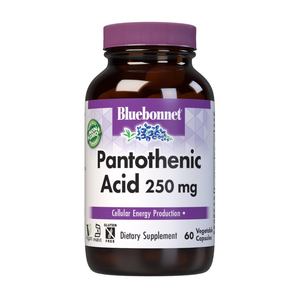 BlueBonnet Nutrition Pantothenic Acid 250 mg Dagelijkse Vitamine B5 Supplement voor Cellular Energy voor vrouwen en mannen - Veganistisch, Glutenvrij, Non-GMO - 60 Plantaardige Capsules
