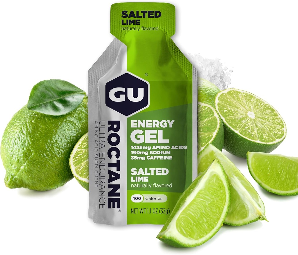 Gu Energy Roctaan Ultra Endurance Energy Gel, On-The-Go Sport Voeding voor hardlopen, fietsen, wandelen of skiën, gezouten Lime, 24-Count