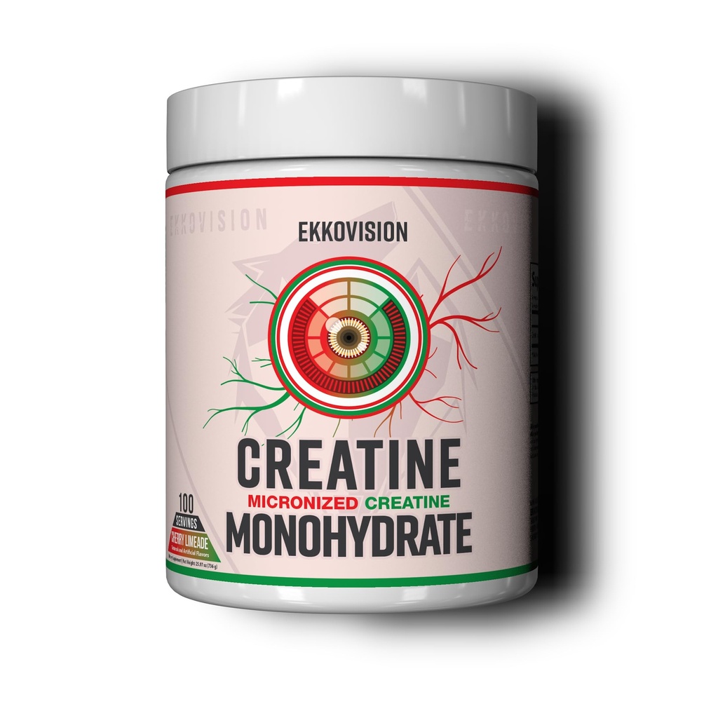 Ekkovision Creatine Monohydraat poeder, gemicroniseerd, kersen limeade, pre-workout & post workout supplement voor mannen en vrouwen, energie ondersteuning, gemakkelijk te mengen in schudden, smoothies &amp; dranken, 100 porties