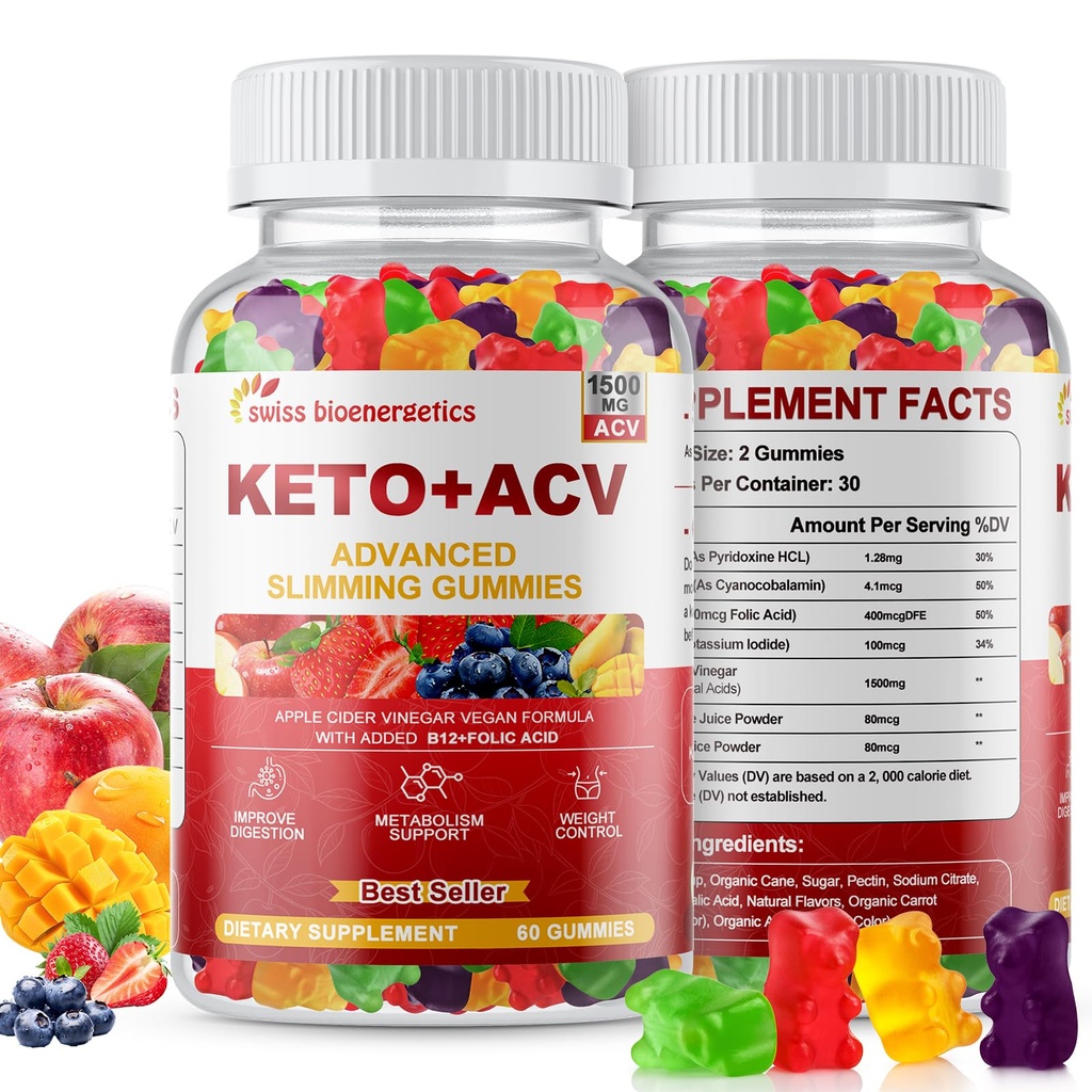 Keto Apple Cider Vinegar Gummies, Keto ACV Gummy Diet Supplement, Advanced 1500mg ACV Gummies with Folate, B12
