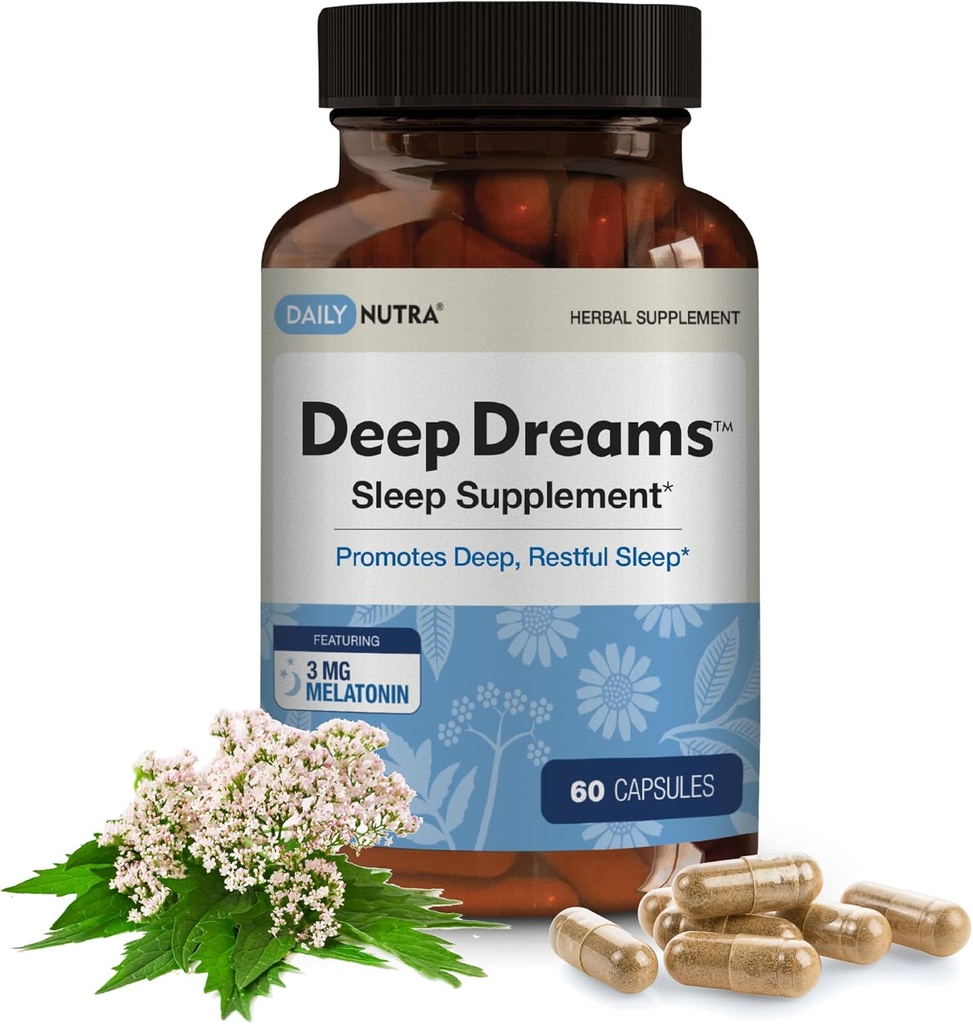Diepe dromen ~ Natuurlijke kruiden slaapsupplement bevordert diepe, rustgevende slaap, niet-gewoonte vormen met Melatonine, L-Tryptofaan, Valeriaan, GABA, kamille, & Passiebloem (60 capsules)