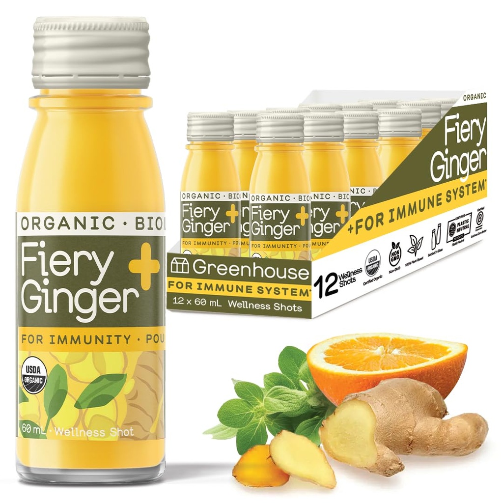 Greenhouse sap biologische vurige gember Wellness Shots 12-Count 60ml glazen flessen, veganistisch en glutenvrij
