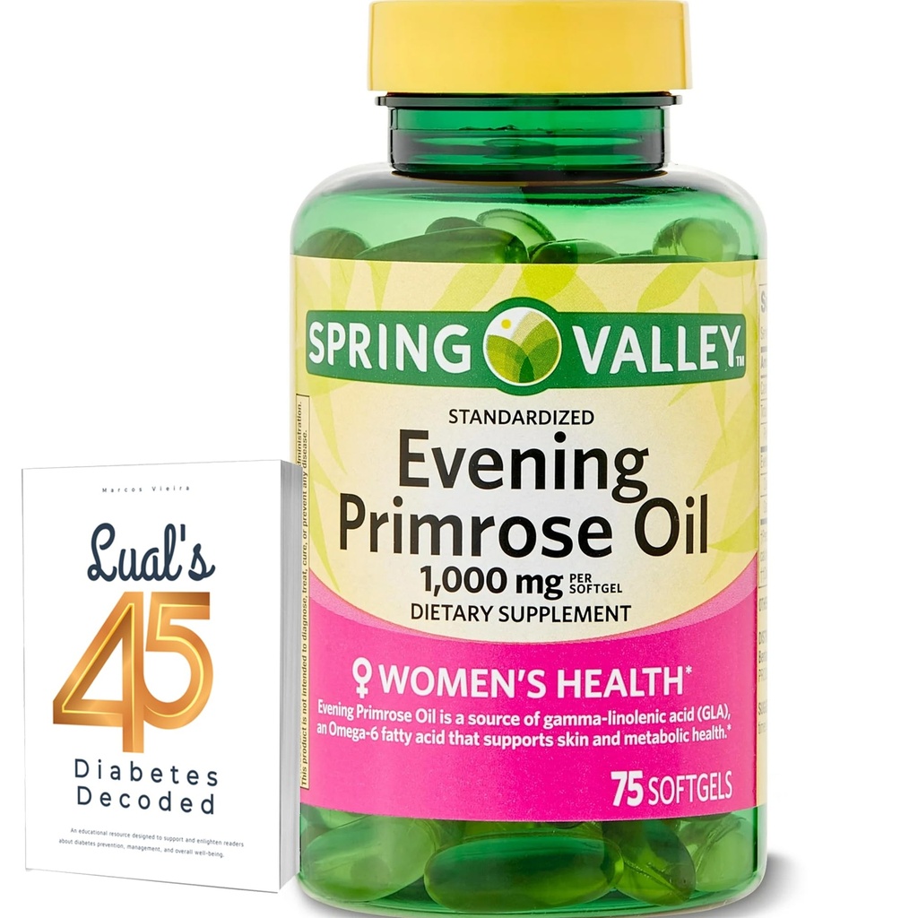Spring Valley Avond Primrose Olie Vrouwen Gezondheid Dieetsupplement Softgels, 1000 mg, 75 Telling, Softgels, Avond Primrose Olie Capsules 1000mg Bundel met LualL's 45 Diabetes Decoded