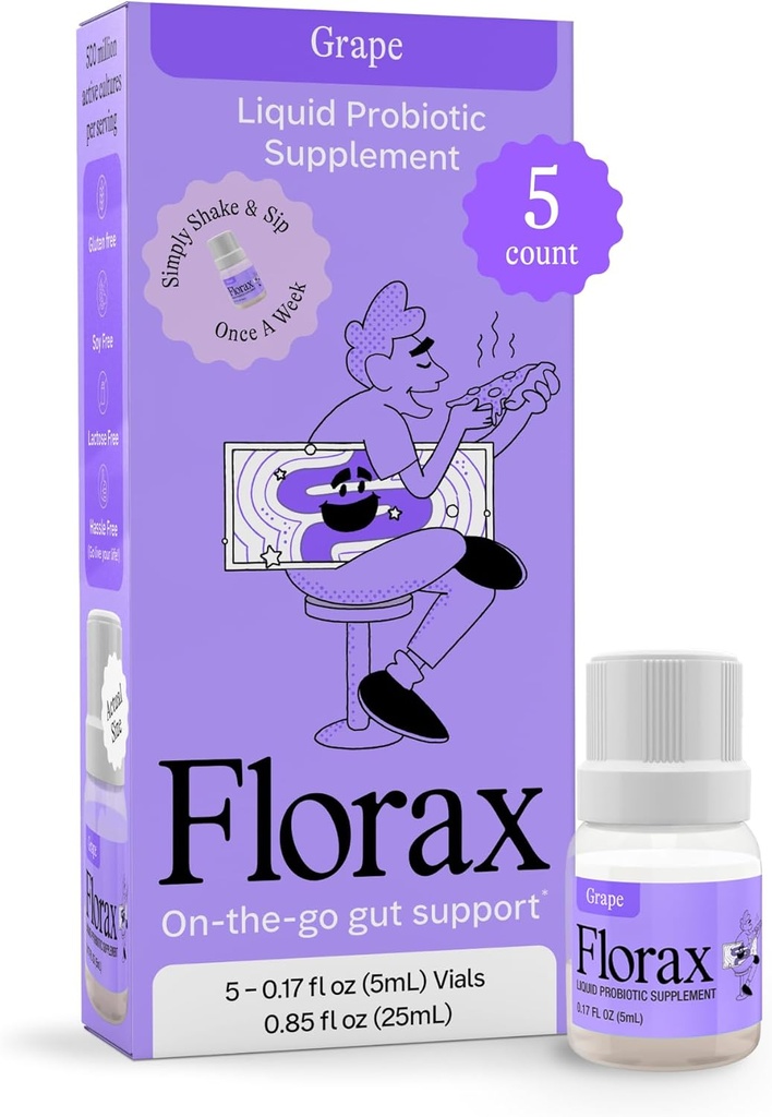 Florax - Liquid Probiotic - On-The-go Gut Support for Women, Men, and Children - Vegan, Glutenvrij, Lactosevrij, Sojavrij en conserveringsvrij - Druivensmaak - 5 flacons